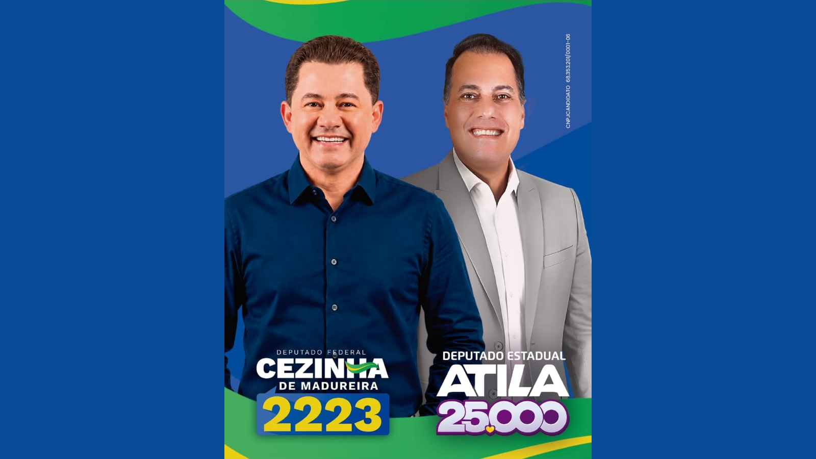Cezinha de Madureira 2223 e Atila Jacomussi 25000 em material de campanha da dobradinha em Ribeirão Pires